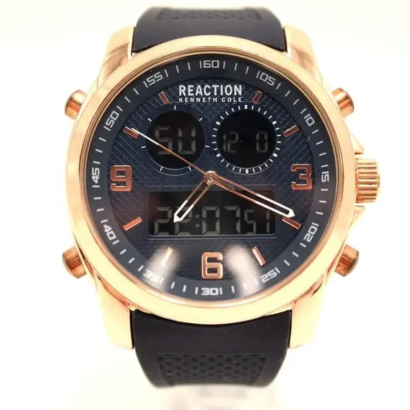 Kenneth Cole Reaction Mens Ana Digi Rose Gold Blue Tone 47mm Watch w New Battery