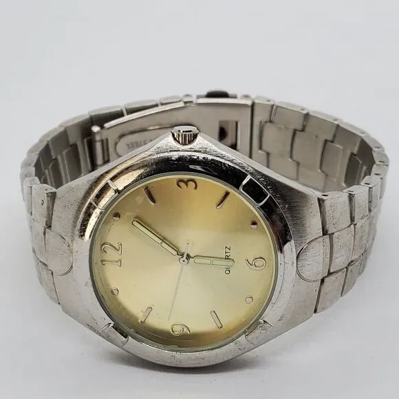 Men's Watch 42MM Large Case Gold‎ Dial Gray Bracelet Band 8