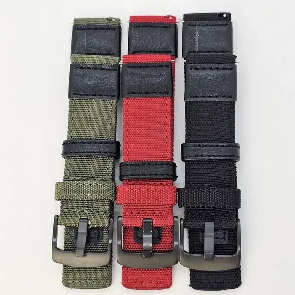 3X Men's 22MM Premium Rugged‎ Canvas Watch Strap Green Red Black Quick-Release