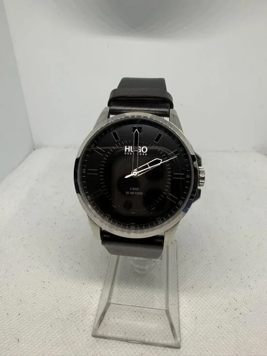HUGO #First Men's Black Dial Leather Strap Quartz Watch HU.420.1.14.3514