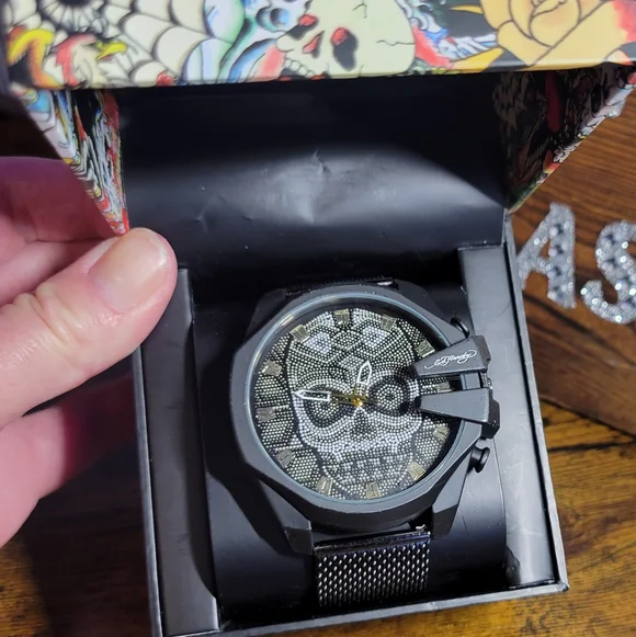 Ed Hardy mens Black Gold Gray Skull Watch