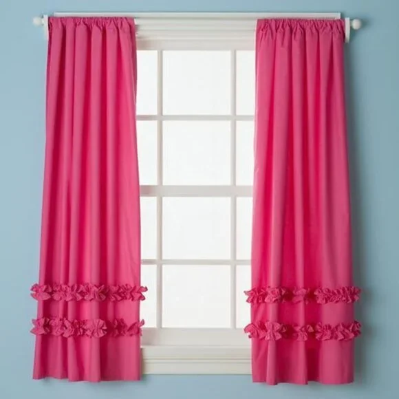 The Land of Nod (4) Hot Pink Ruffle Panel Curtains with (4) Striped Finials