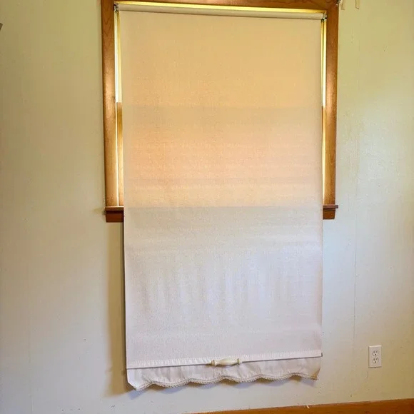 Vintage Cream Textured Roller Window Shade Scalloped Trim Wood Pull 37x70 in