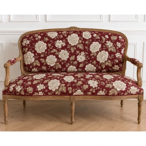 Fabric Floral Burgundy Ivory 2.5 yds Cotton Drapery Interior Upholstery Baroque
