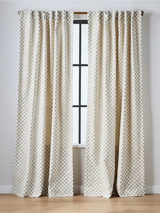 Anthropologie Carmine Woven Checkered Curtain Panel Neutral 50x63 inches