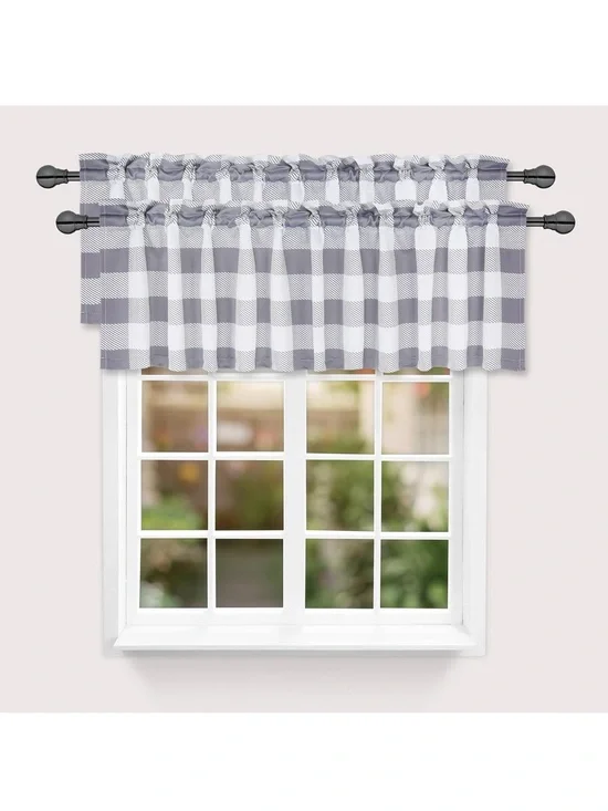 🩶 Gray Buffalo Check Kitchen Valance (2) NEW
