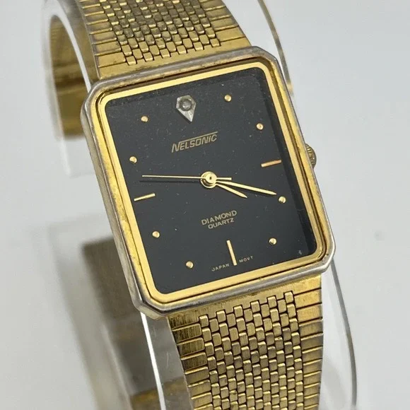 Nelsonic Diamond Vintage Tank‎ Watch Men 25mm Case Gold Band- New Battery