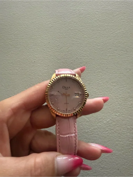 Pink Leather Strap Watch with Gold-Tone Case