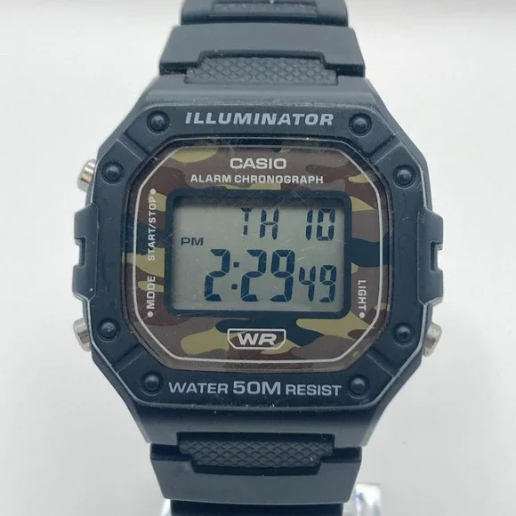 Casio Illuminator Watch Men 43mm Digital Camo Black 3224 W-218H Alarm Chrono