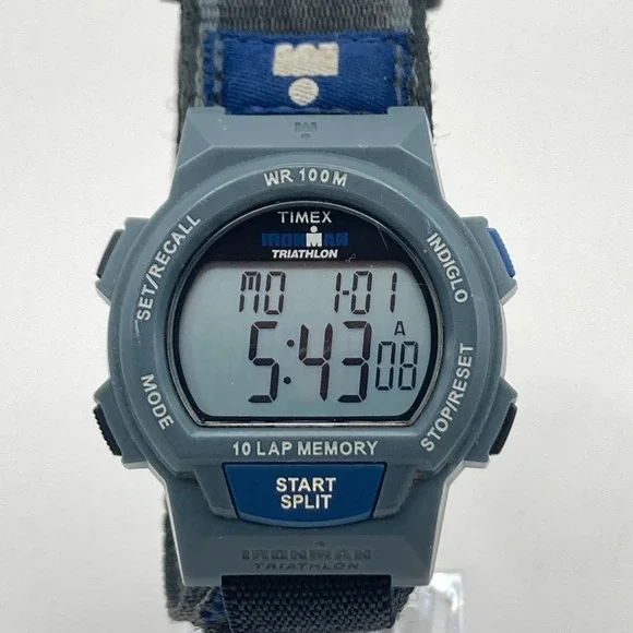 Timex Ironman Men's Watch Digital Gray Blue Indiglo 10 Lap Chrono New Battery