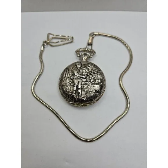 Vintage Cariole Mechanical Wind Pocket Watch Fishing Angler Hunter Case Runs