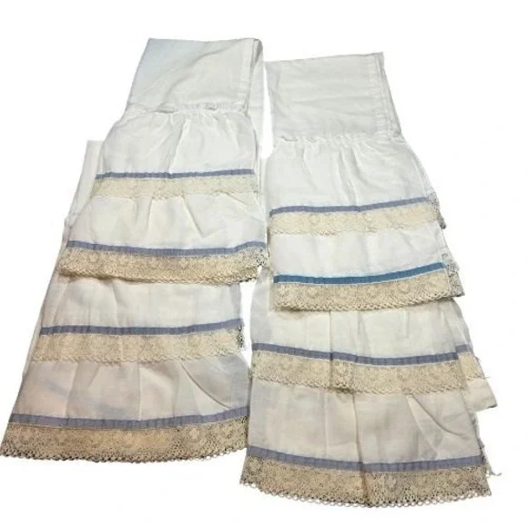 Vintage Style White Ruffled Cafe Curtains Lace Trim Blue Ribbon 4 Panels 35x28