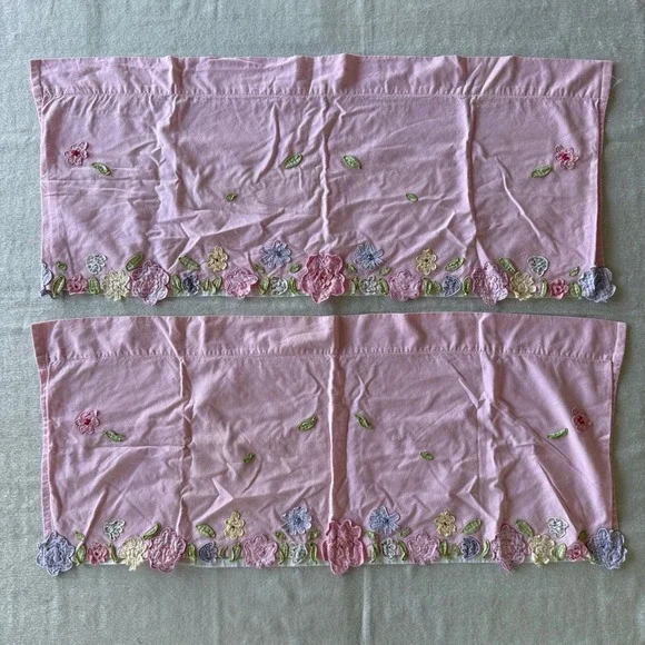 Set of 2 Pottery Barn Kids Pink Floral Curtain Valances Embroidered Cotton