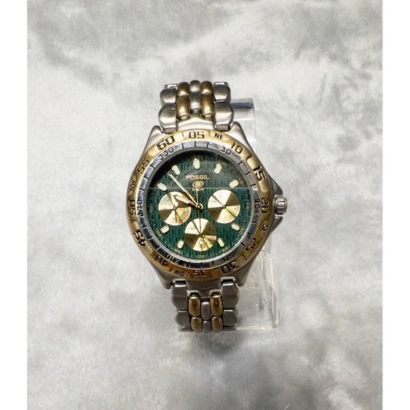 Vtg Fossil BQ-8776 Blue Mens Dial 2 Tone Multifunction Watch Green New Battery
