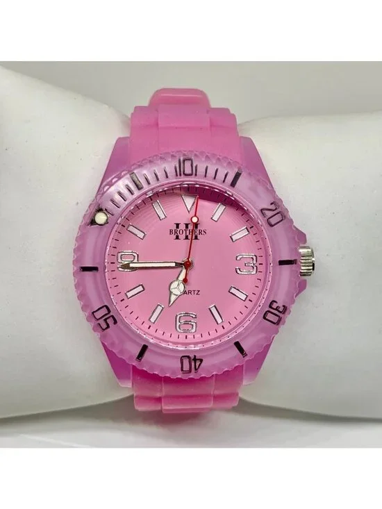 Brothers Quartz analog watch 43mm rotating bezel ,pink silicone band running