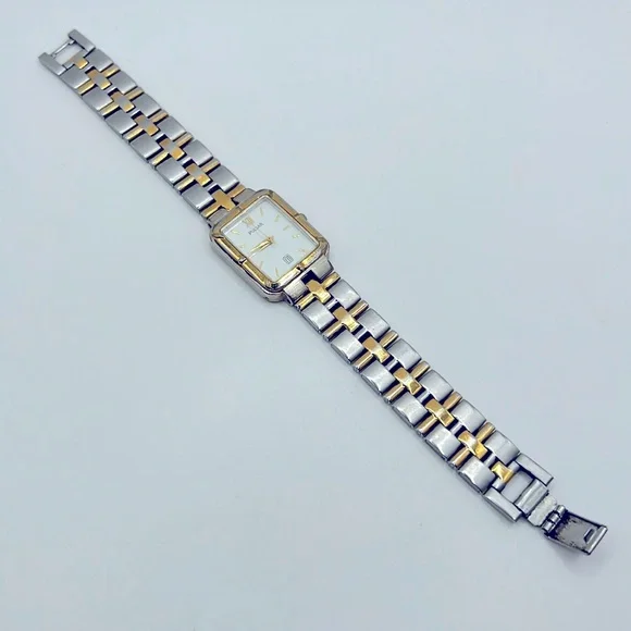 Working! Vintage Pulsar 2 Tone Rectangular Face Unisex Minimalist Watch