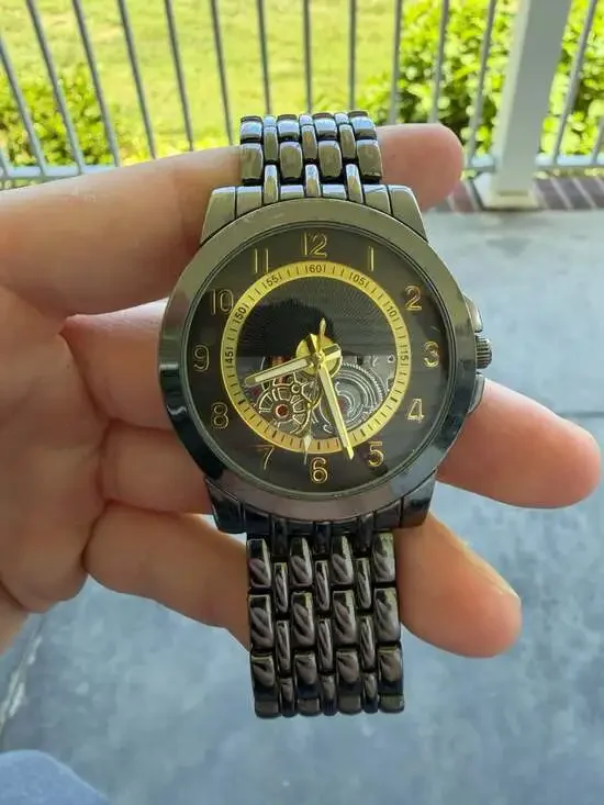 FMD FMDPU009 Skeleton Dial Quartz Analog Men's Watch with Black Link Band