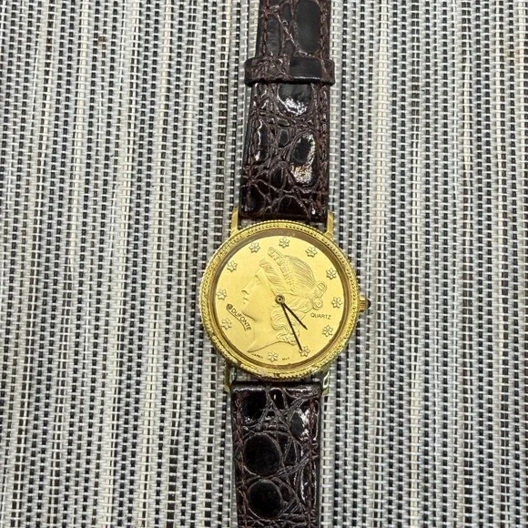 Dufonte Lucien Piccard Gold Tone Liberty Coin Dial Watch Brown Leather Strap