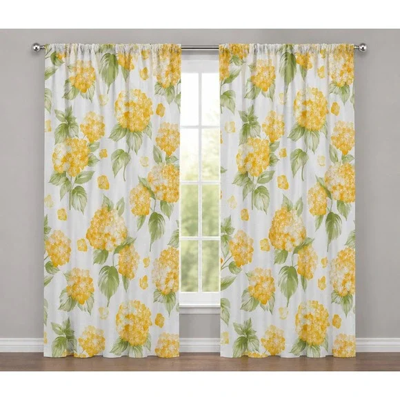 Ambesonne Yellow Hydrangea Floral Window Curtains 2 Panel Set 56x95 Microfiber