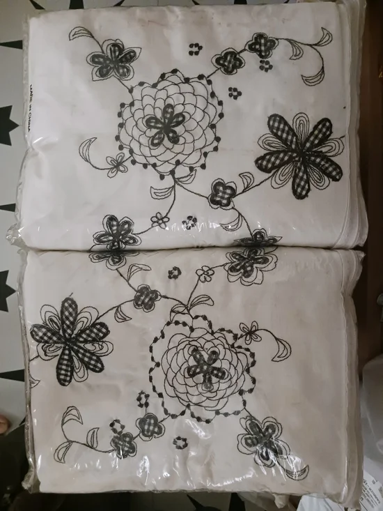Embroidered Floral Panel Curtains in White with Black Accents 4 Panels