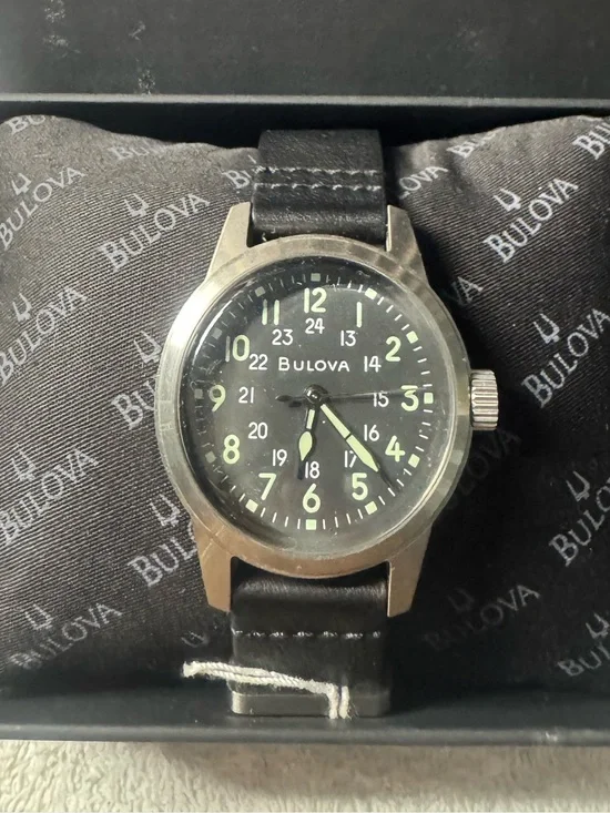 #152 Bulova Black Dial Military-Style Watch with Luminous Green Markers