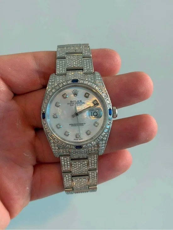 Rolex Silver Pavé Diamond Datejust with Mother-of-Pearl Dial and Blue Accents