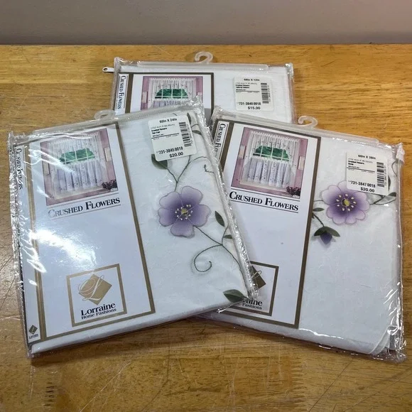 Lorraine Fashions Crushed Flowers Vtg Window Set Tier Swag Valance White Lilac
