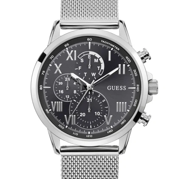 Silver-Tone And Grey Mesh Multifunctional Watch