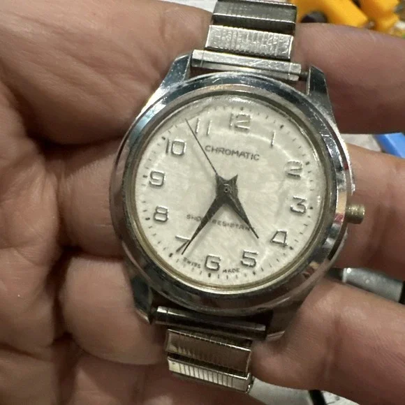 Vintage CHOROMATIC SWISS WATCH 1960s Silver Tone Mens Watch 33mm- Broken Crown