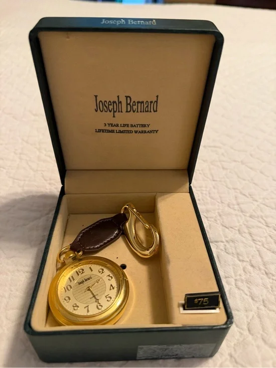 NIB JOSEPH BERNARD gold brown leather pocket watch