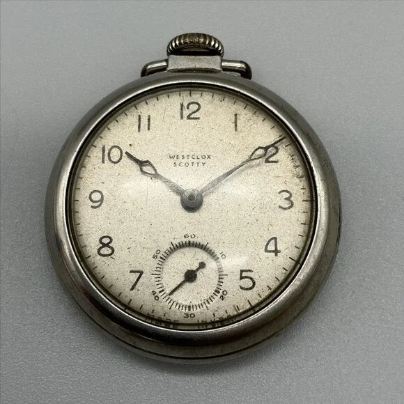 Vintage Westclox Scotty Pocket Watch Men 50mm Silver Tone White Dial Manual Wind