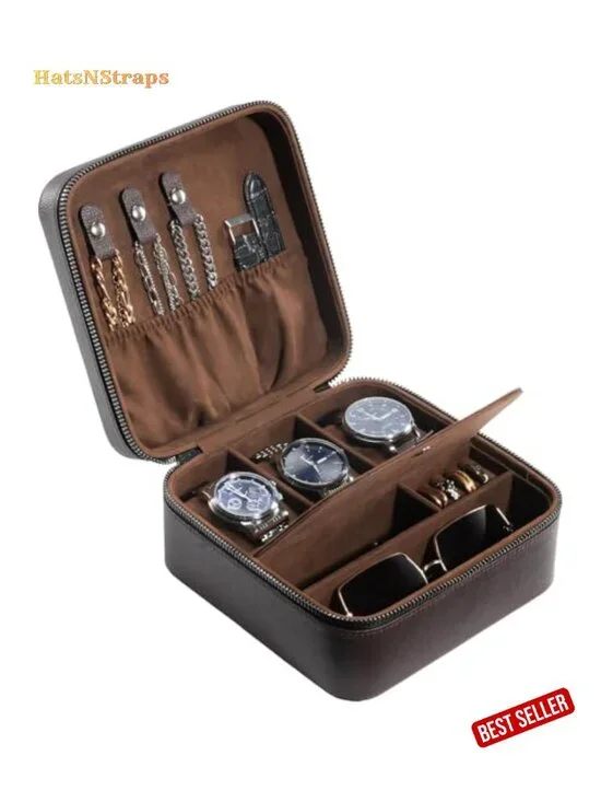 PU Leather Travel Watch Case, 3 Slots Zippered Organizer for Men