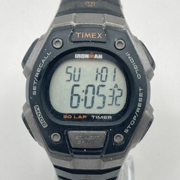 Timex Ironman Men's Watch Digital Gray Black Indiglo 30 Lap Chrono New Battery