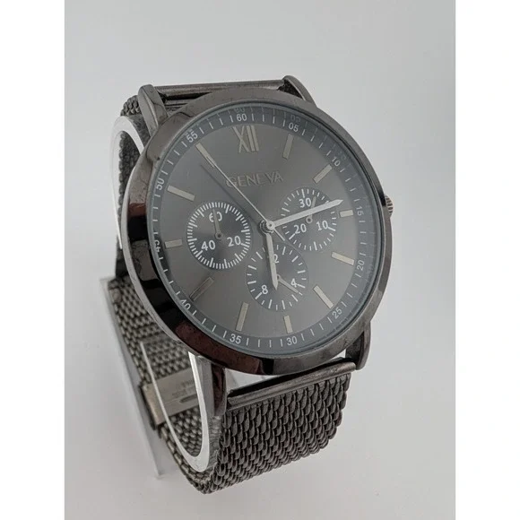 Geneva Watch‎ Men 42mm Case Gunmetal Tone Mesh Metal Band w/ Box- New Battery