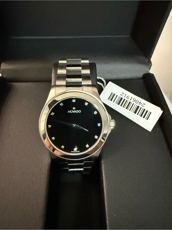 Movado Men's Black Dial Stainless Steel Bracelet With Diamond Markers Watch