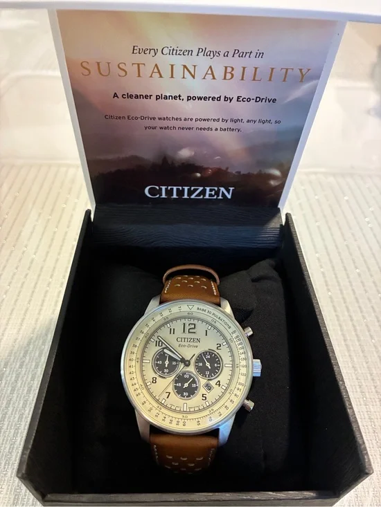 Citizen Eco-Drive Chronograph Watch in Cream Dial and Brown Strap
