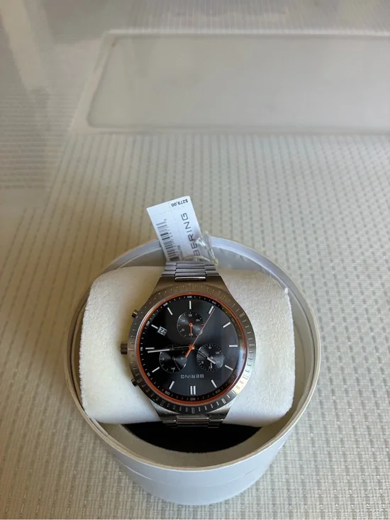 Bering Men's Stainless Steel Black Dial Chronograph Watch with Orange Accent