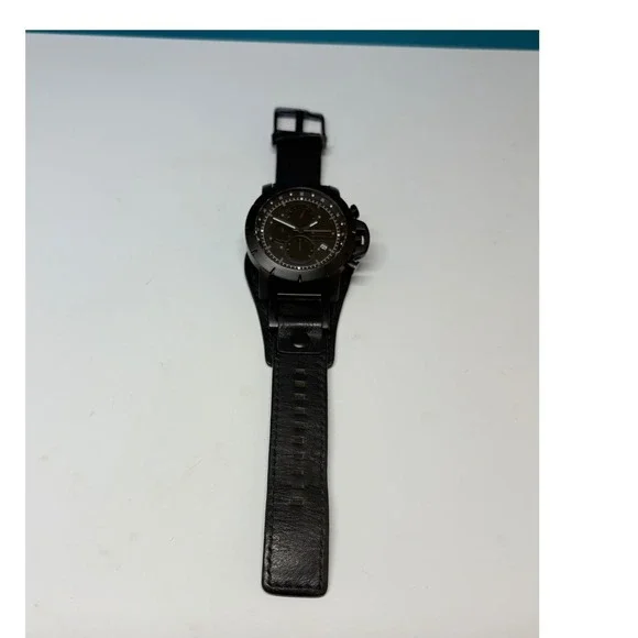 Fossil Mens Chronograph Black Leather Cuff Watch JR1157 Analog Date Need Battery