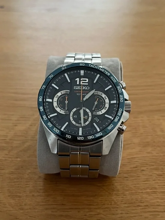 Seiko SSB345 Silver Stainless Steel Watch with Black and Blue Dial Accents