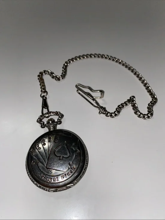 Vintage Royal Flush Silver Pocket Watch with Chain