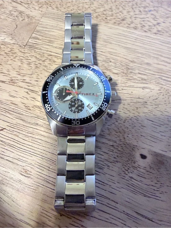 Timex Silver and Black Chronograph Watch with Red Accent