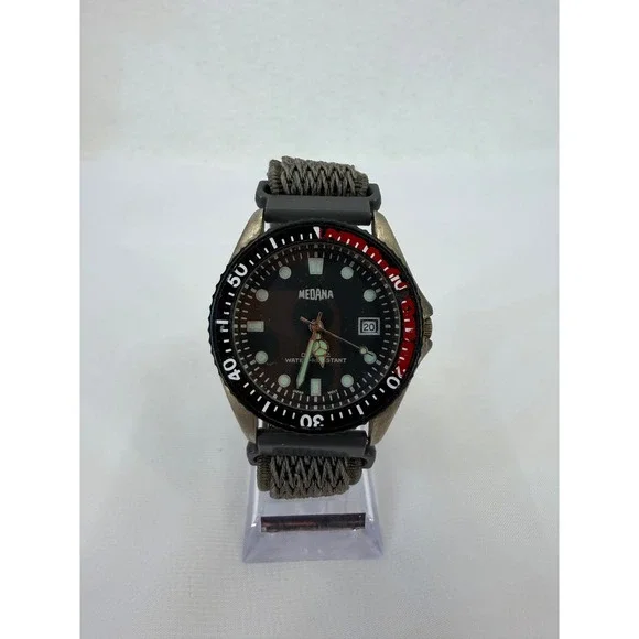 Medana Mens Diver Style Watch Black Dial Red Bezel Quartz Grey Braided Strap