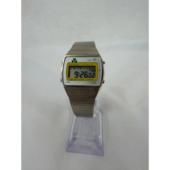 Vintage Sheldon Corp Digital Melody Alarm Chronograph Watch Shamrock Silver Tone