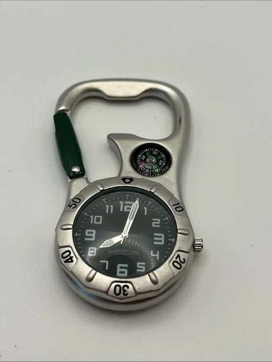 Carabiner Clip Watch with Compass - Silver & Green