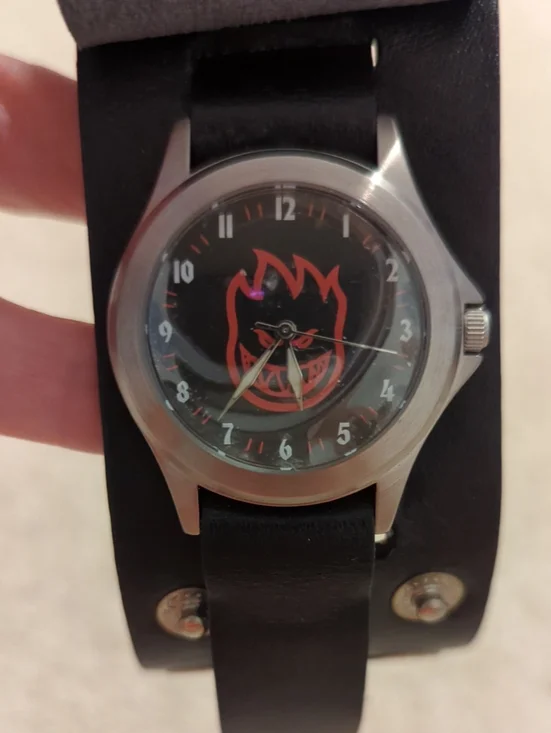 Vintage Black Leather Strap Watch with Red Spitfire Flame Logo