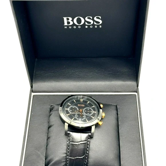HUGO BOSS Black Gold Dial Watch Croc Embossed Leather Band‎ Water-Resistant Date