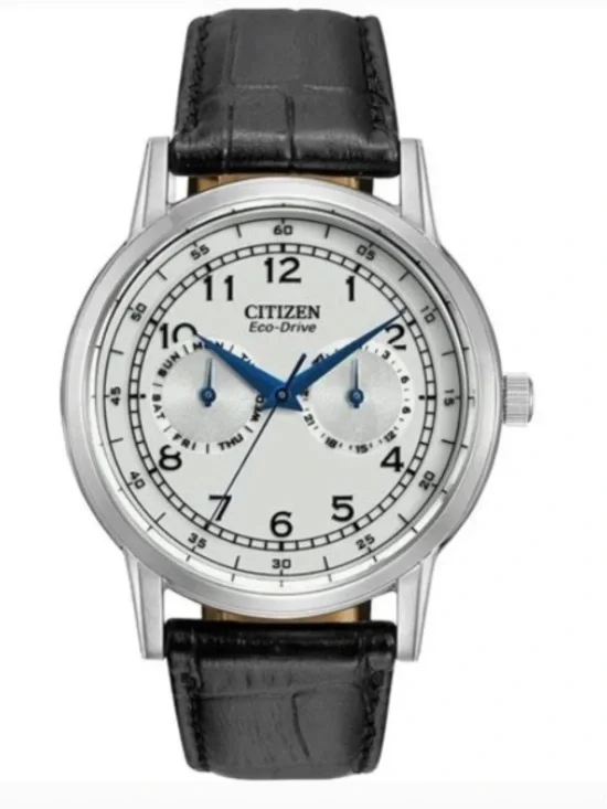 Citizen Silver Dial Watch with Blue Hands and Black Strap