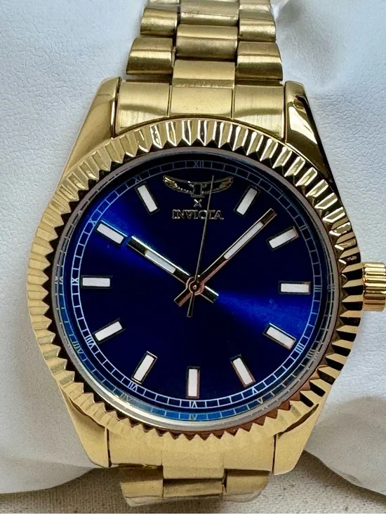 Invicta Men's Blue Dial 40mm Quartz Watch Gold-Tone Fluted Bezel NWT