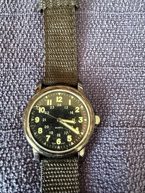 Men's Quartz Field Watch with Black Dial and Olive Nylon Strap
