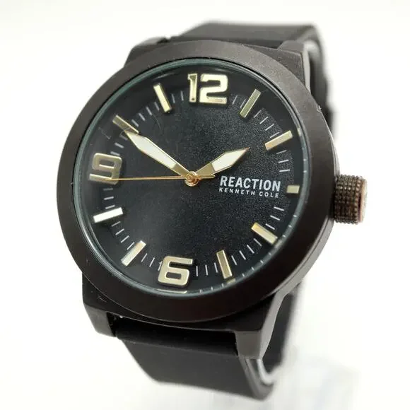 Kenneth Cole Reaction Mens Black Gold Tone Dress Watch 48mm w New Battery